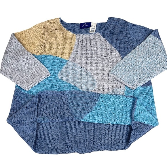 VTG J.H. COLLECTIBLES Blue Beige Color Block Long Sleeve Knit Sweater Top Sz XL - Picture 9 of 16
